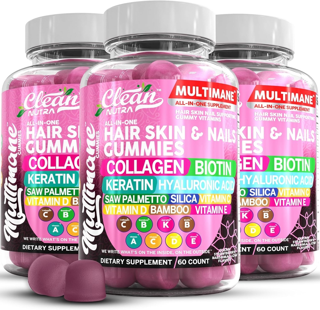 Multimane Collagen Gummies med Biotin Keratin Hyaluronic Acid Bamboo Vitamin A C Vitamin D Vitamin E Folate Saw Palmetto Silica B3 Vitamins Hair Skin och Nails Gummies av ren Nutra