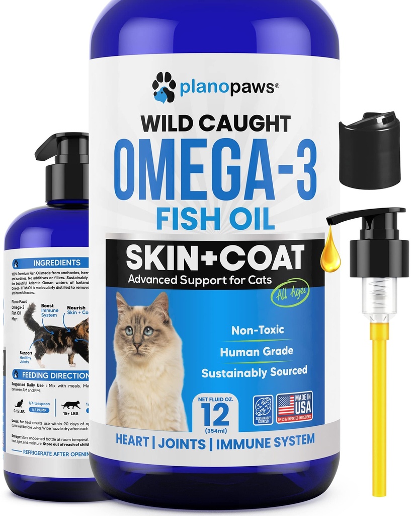 Omega 3 fiskolja för katter - Bättre än laxolja - kattunge och katt vitaminer och tillskott - Cat Dandruff Behandling - Liquid Fish Oil för husdjur - Shedding Support - Cat Health Supplies för alla åldrar