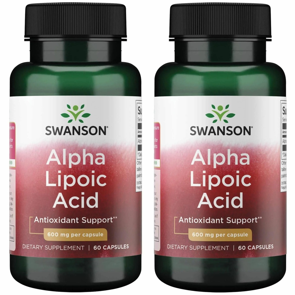 Swanson Alpha Lipoic Acid - Naturligt tillskott som stöder hälsosamt blodtrycksnivåer redan i en normal range - främjar kolhydratmetabolism - (60 kapslar, 600 mg vardera) (2 Pack)