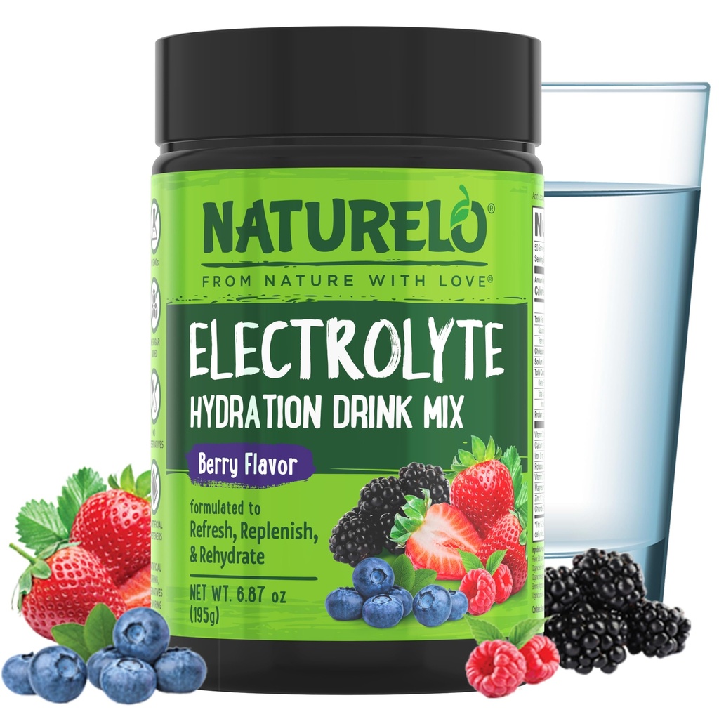 NATURELO Electrolyte Powder, Hydration och Mineral Drink Mix, Sugar Free & Non-GMO Berry Flavor 50 Servings