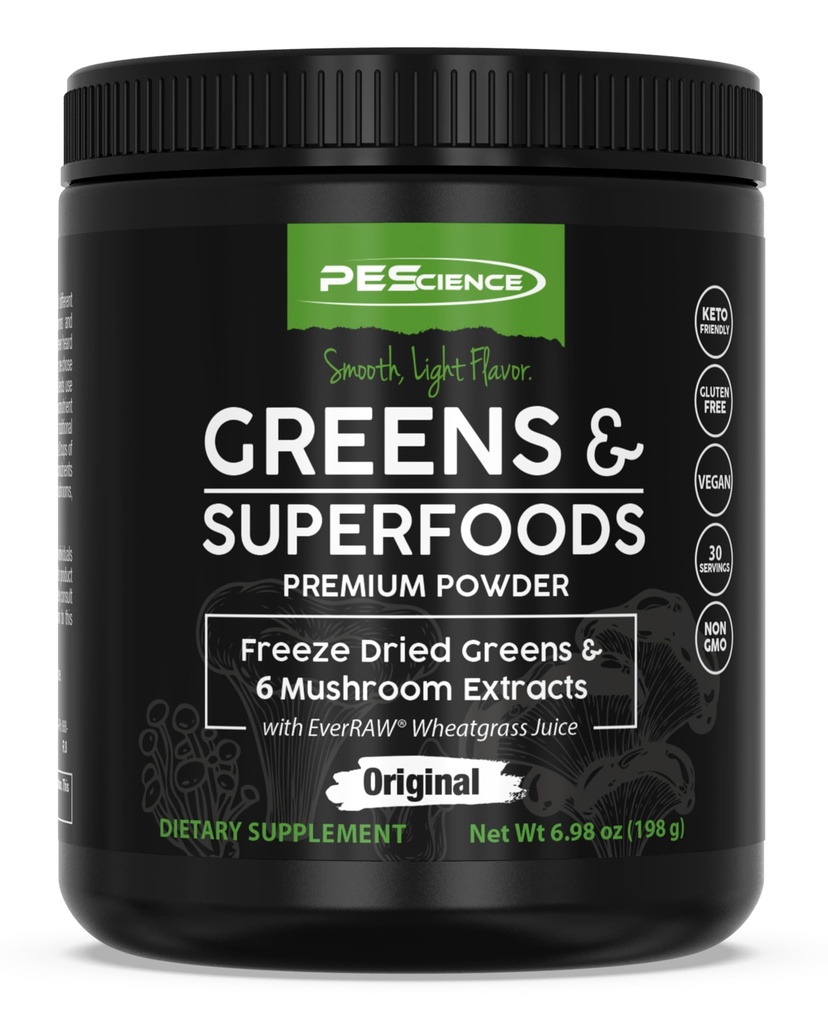 PEScience Greens Powder Superfood with Natural klorophylli, Reishi & Turkey Tail Mushroom Powders, Freeze-Dried Kale, Pinaatti, Parsakaali Sprouts, Original Flavor, 30 Tarjoilua
