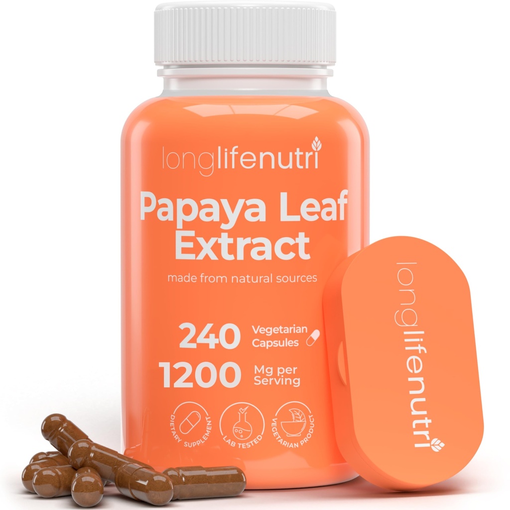 LongLifeNutri Papaya Leaf Extract Supplement 1,200 mg per servering - 240 vegetariska kapslar, 4-månaders leverans, från Carica Papaya för daglig Wellness, GMP Certified, Made in USA