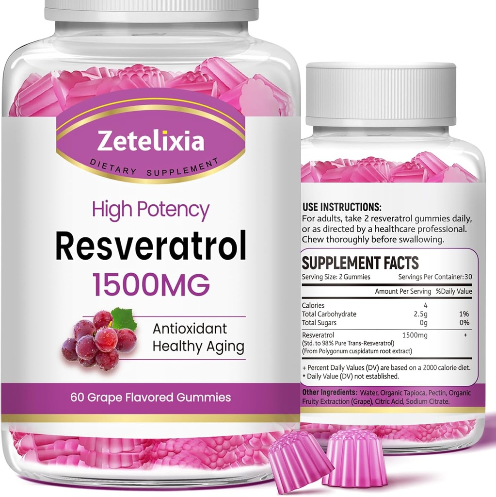 Sokeriton Resveratrol Gummies - Korkea puhtaus Resveratrol täydentää antioksidantti, terve ikääntyminen, iho, aivot, Luomu - 120 Gummies