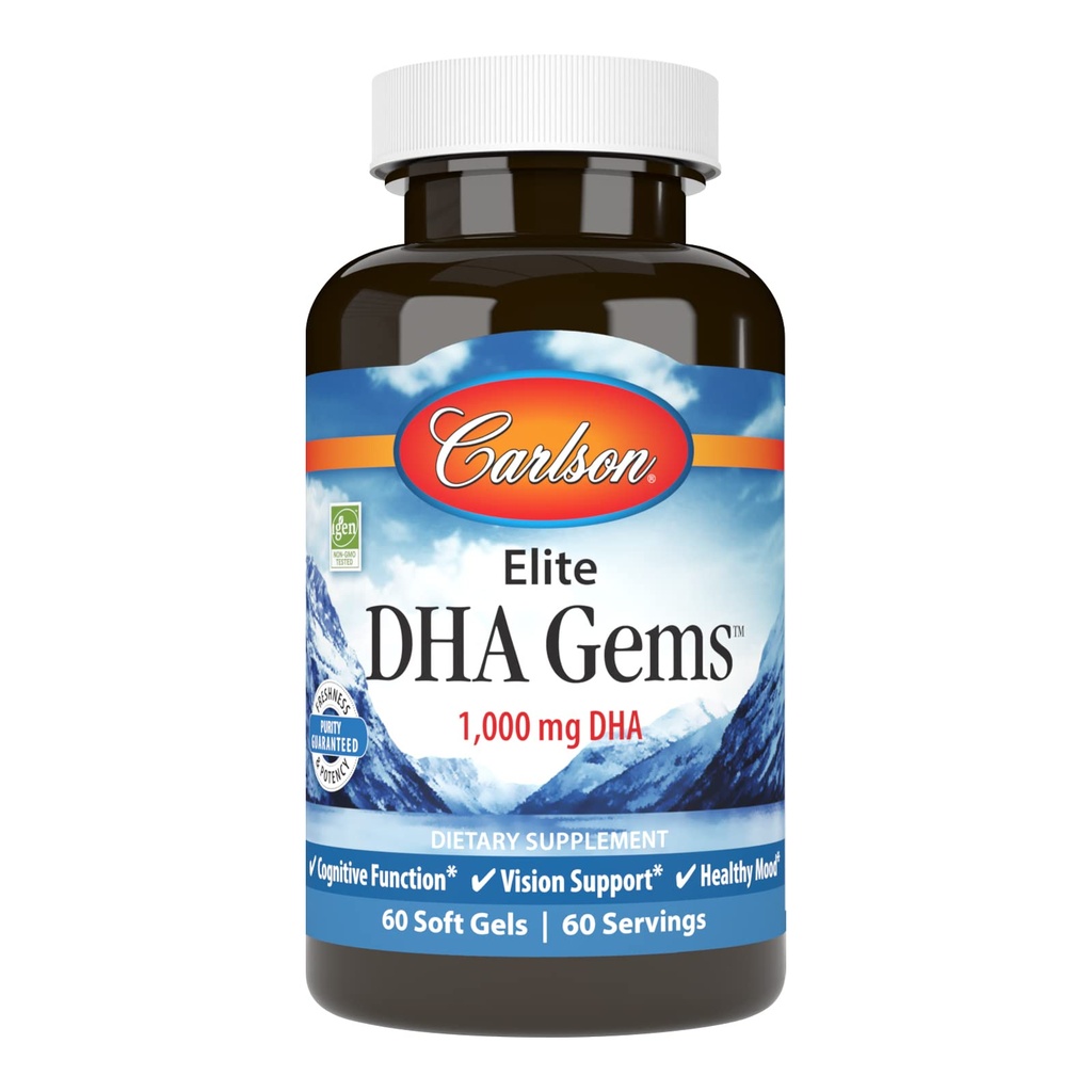 Carlson - Elite DHA Gems, 1000 mg DHA, Wild Caught, kestävästi lähde, aivotoiminta & terve visio, 60 Softgels
