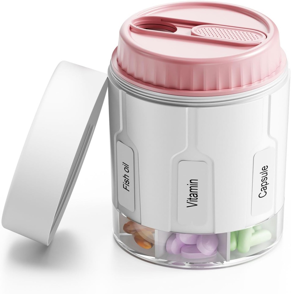 Daviky Pill Bottle Organizer, Supplement Organizer 7 Suuret Osastot, Travel Pill Disperser Round Pill Box kahdella Lids( Vaaleanpunainen