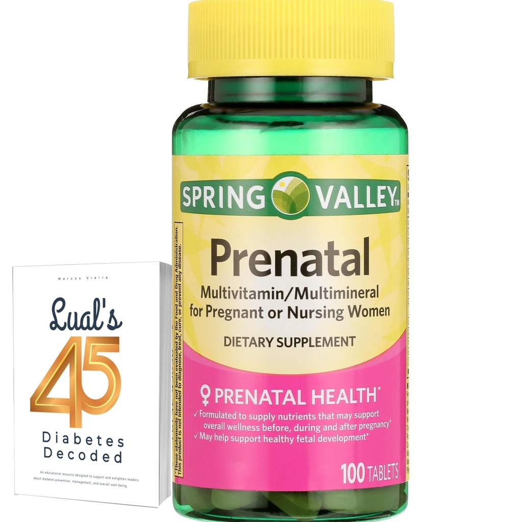 Spring Valley Prenatal Multivitamin 100 tabletter, prenatala vitaminer för kvinnor, Graviditet måste ha folattillskott, Bundle med Lualls 45 diabetes avkodade