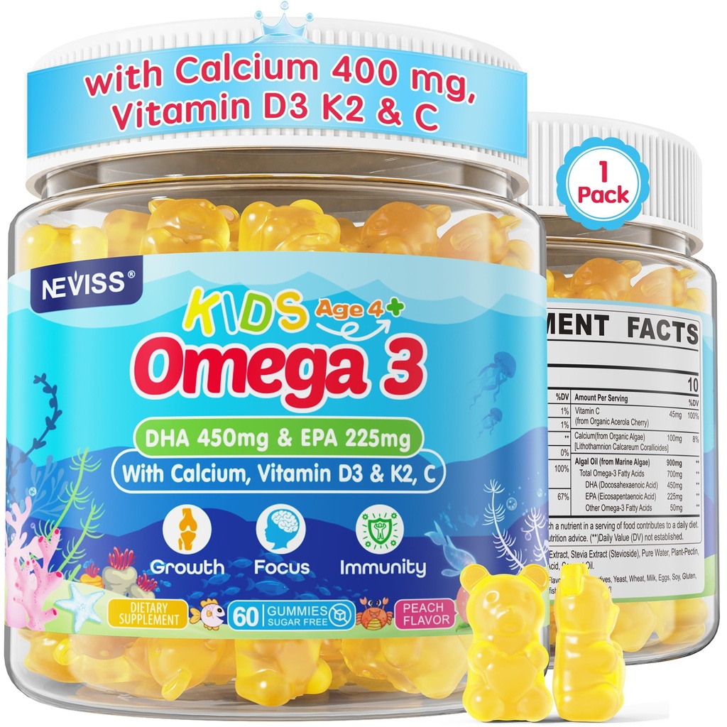 Barn Omega 3 Gummies + Calcium 400mg + Vitamin D3 K2 + C, Omega-3 DHA & EPA Supplement - No Fish Burps, No Sugar - Kids & Teens Omga 3 + Multivitamin Gummy för starka ben, hjärna, Immune, Eye, 60Cts