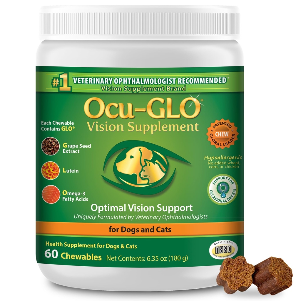 Ocu-GLO Cat & Dog Senior Supplement for Eye Support - Pureskeltava Vision Vitamiinit Lisäravinteet suurille ja pienille lemmikkieläimille Hoito Lutein, Omega-3 Rasvahapot, Rypäleensiemenuute ja antioksidantit
