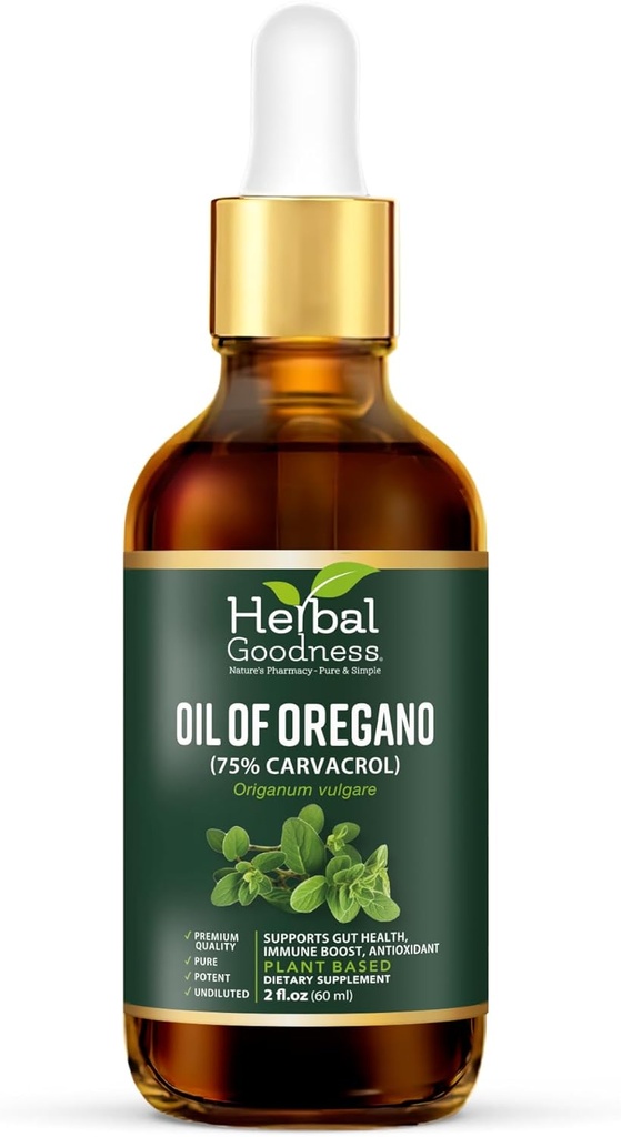 Herbal Goodness Oil Oil of Oregano Drops 2 Fl. oz. oz.75% Carvacrol with Neitsyt Olive Oil, Oregano Oil for Immuuni Support & Digestive Health, Essential Oils for Skin, Aceite de Oregano