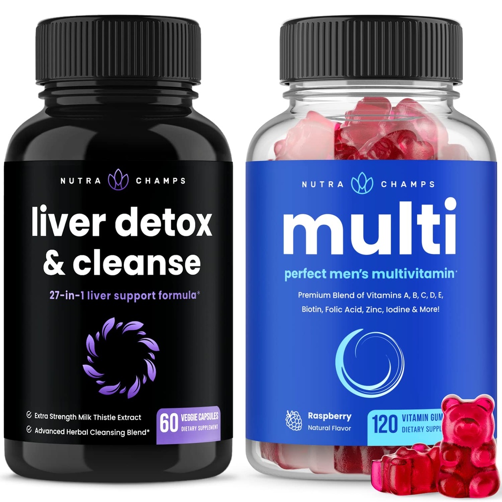 NutraChamps Liver Cleanse Detox Kapselit ja (2-Pack) Miesten Multivitamiini Gummies Bundle