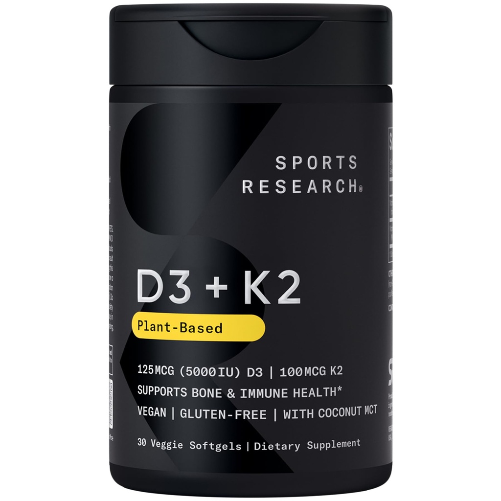Sportforskning Vegan Vitamin D3 + K2 Tillägg med organisk kokosnötolja - 5000iu Vitamin D med 100mcg Mk7 Vitamin K - Stöder Calcium för starkare ben och immunhälsa - 30 Softgels för vuxna