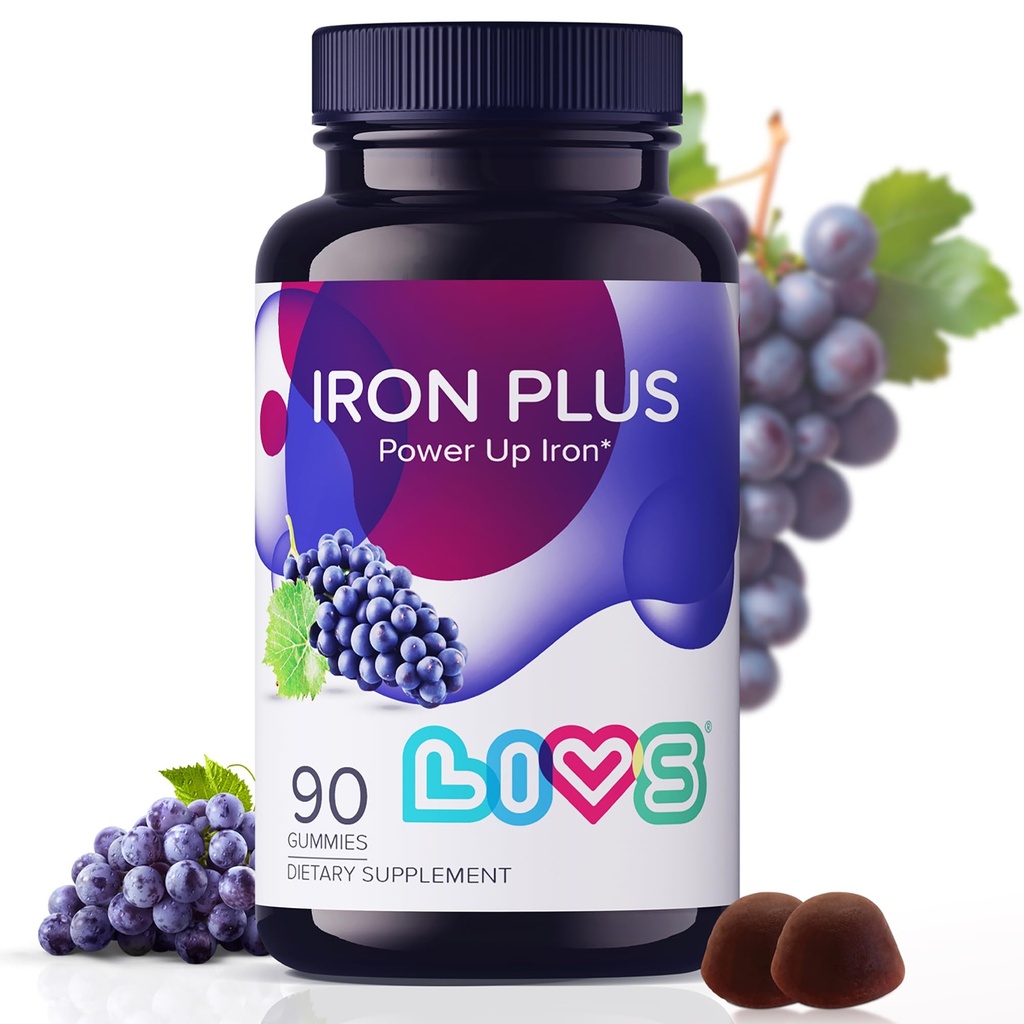 LIVS Iron Supplement for Women & Men with Vitamin C, A, B3, B5, B6, B12, Biotin, Zink & Folate | Non-GMO, Gluten Free Chewable Supplement som Gummy for Energy Boost & Anemia Support - 90 Count