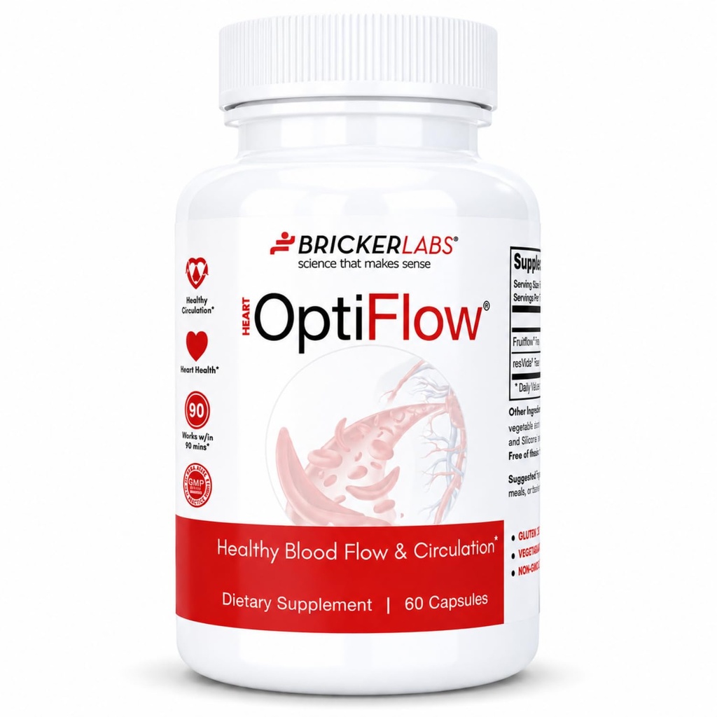 Bricker Labs OptiFlow verenkierron vitamiinit, luonnollisesti tukee tervettä veren virtausta, sisältää FruitFlow ja resVida Trans resveratrol. Veren optimointilisä 60 kapselia