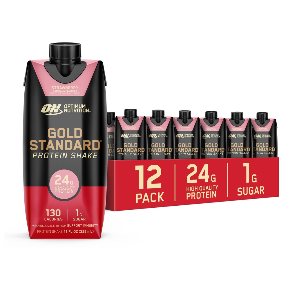 Optimum Nutrition Gold Standard Protein Shake, 24g Protein, Valmiina juomaan Protein Drinks, Mansikka, 11 Fl Oz, 12 Count (Pack of 1) (Pakkaus toukokuussa Vary)