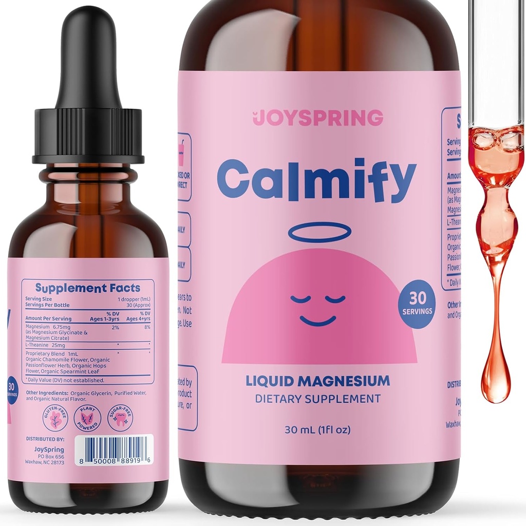 JoySpring Calmify Magnesium Citrate Liquid för barn - Sugar-Free, Gluten-Free Calming Supplement med Chamomile - Naturligt stöd för barn och tonåringar (1 fl oz) 30 portioner