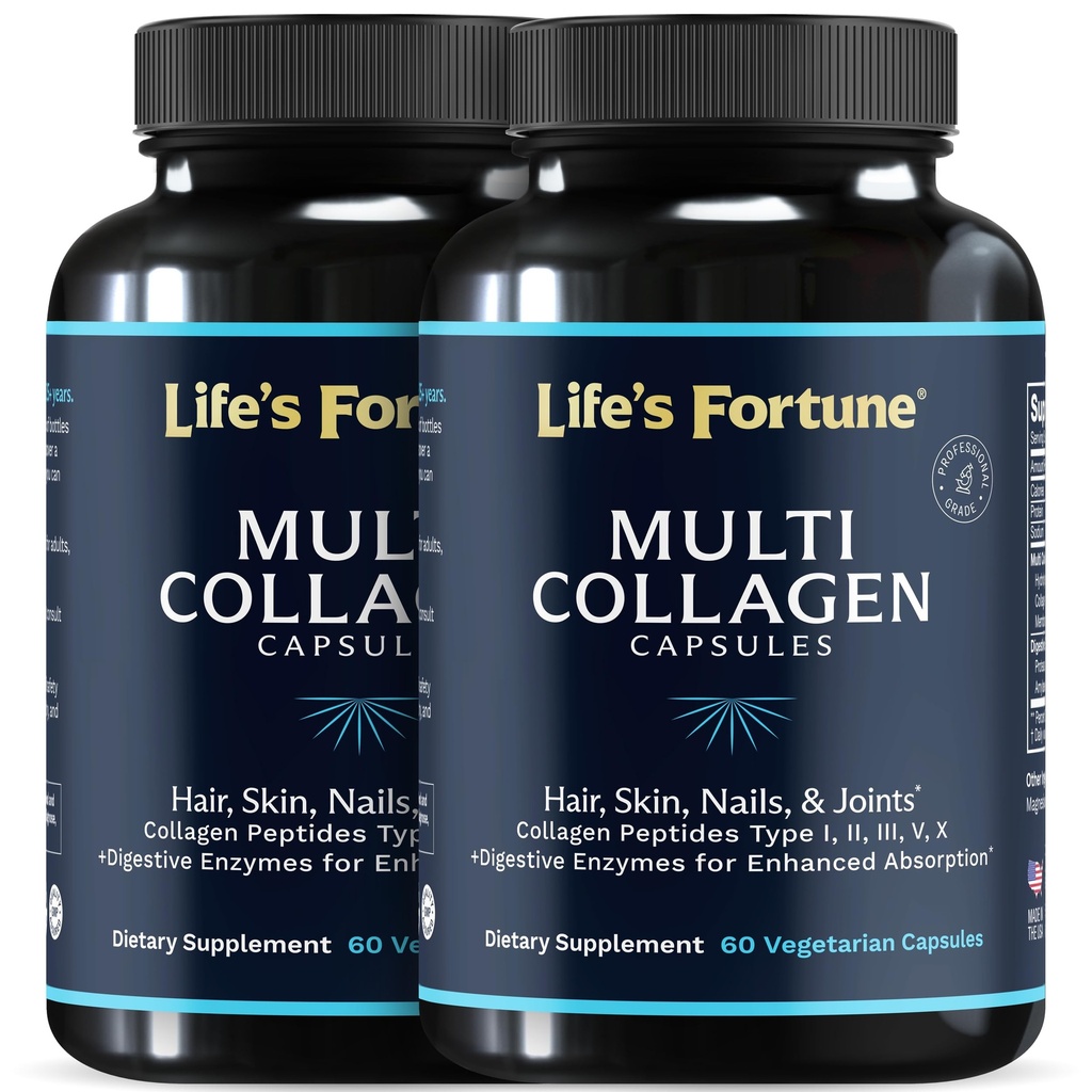 Multi Collagen Peptides Tyypit I, II, III, V & X Hydrolysed Protein Capsules ... Grass-Fed, Blend with Dgestive Enzyme...