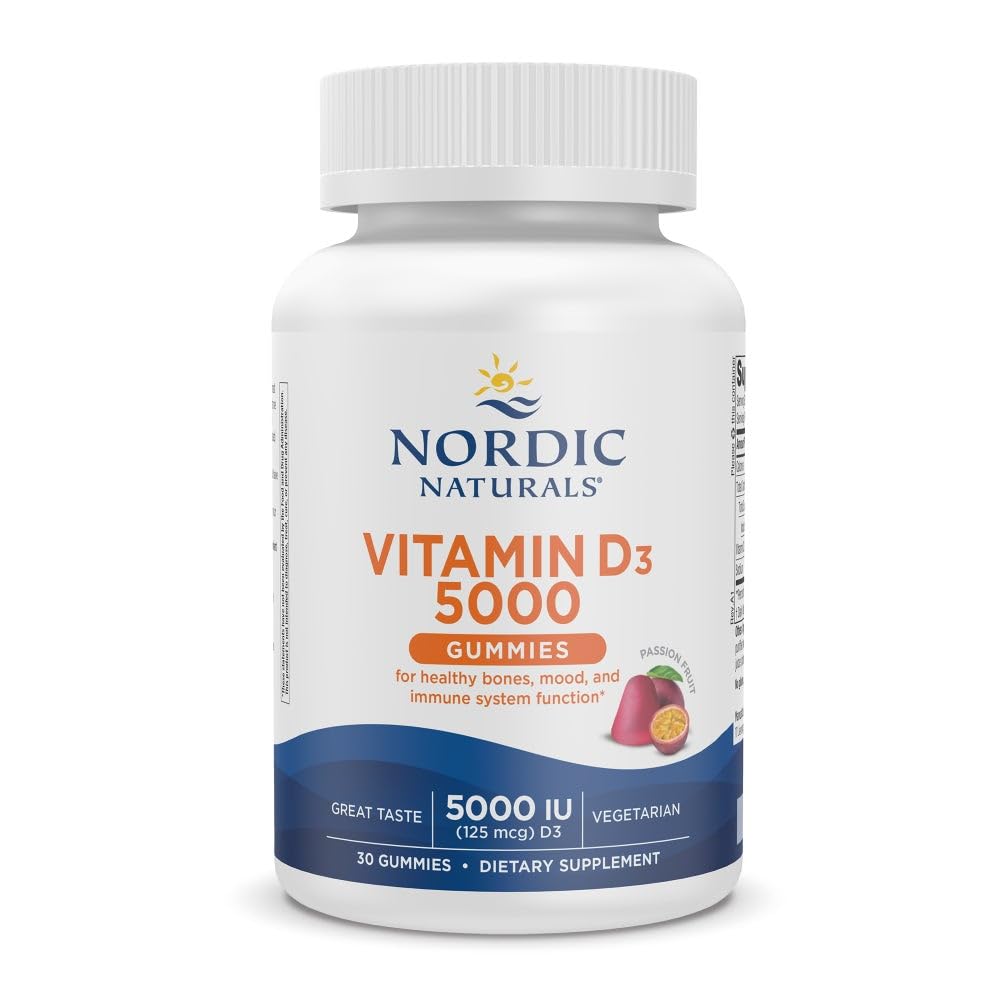 Nordic Naturals Vitamiini D3 5000 Gummies, Passion Fruit - 30 Gummies - Tuki terveille luut, Mieliala, & Immuunijärjestelmä - Kasvisruokaa - Ei-GMO - 30 Tarjoilut