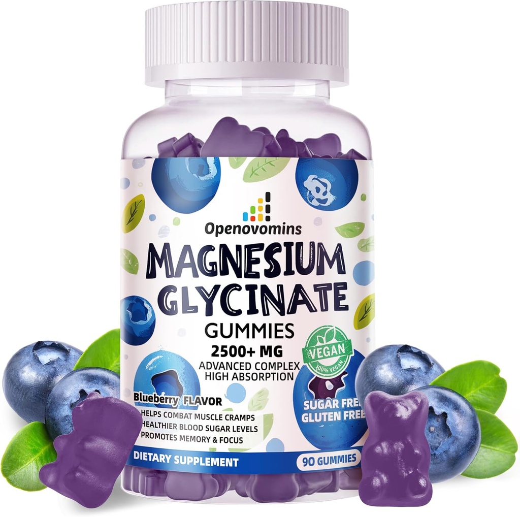 Magnesium Glycinate Gummies 2500 mg - Sokeriton magnesium Kaliumlisä D-vitamiini, B6, CoQ10 rauhoittaa mieliala ja uni tuki - 90 Mustikka Gummies