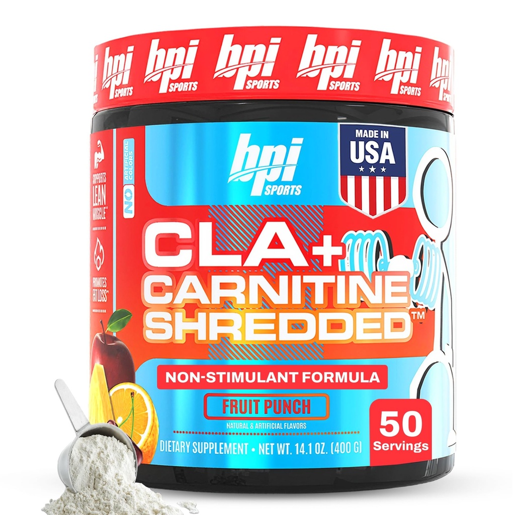 BPI Sports CLA + Carnitine Shredded - Muuntaa rasvasolut Into Energy ja tukee Lean Lihas, Tehostaa aineenvaihdunta - Non-Stimulant L-karnitiini täydentää - Fruit Punch (14.1 oz. / 50 Servings)