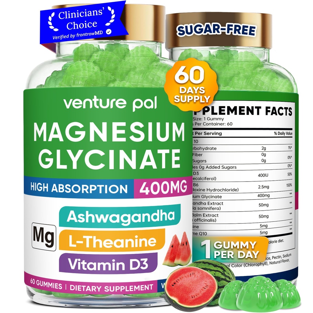 60 Day Supply Magnesium Glycinate 400 mg Gummies with Ashwagandha, L-Theanine, CoQ10, D3-vitamiini ja B6-sokeriton Magnesium Gummies for Adults & Kids, Stress Relief, Uni & Rauhallinen, Vegan, Gluteeniton