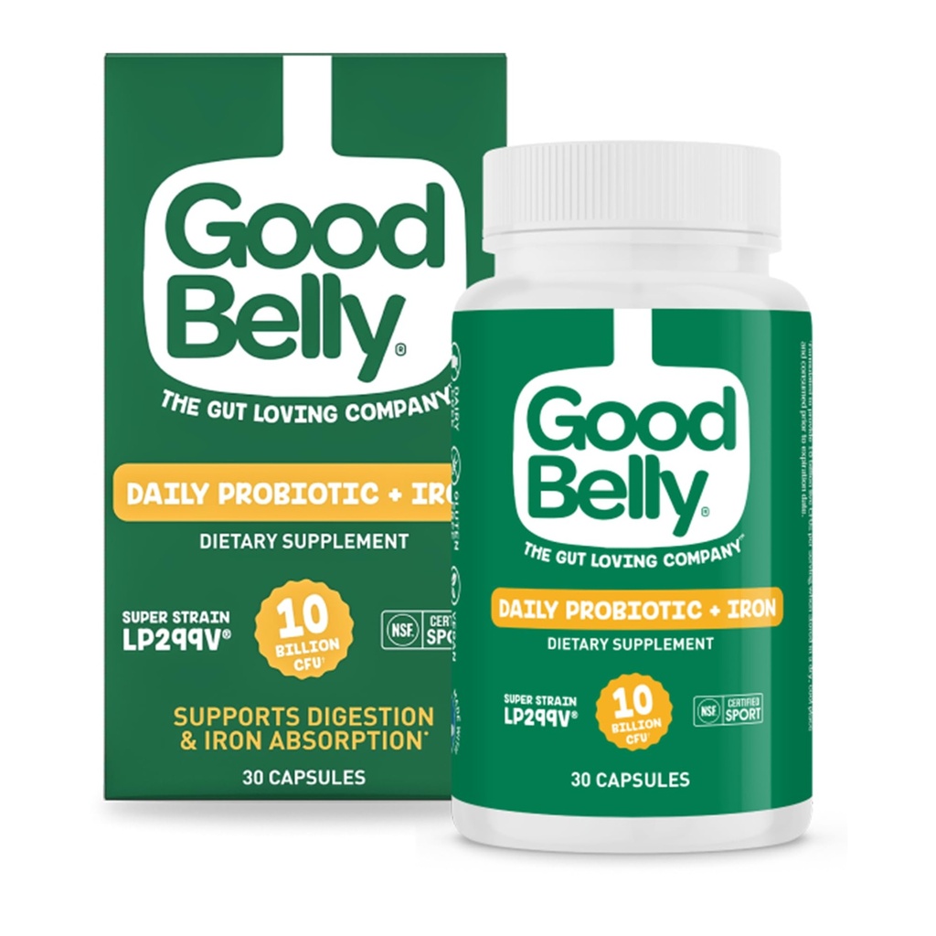 GoodBelly Probiotic Capsules för Digestive Health & Iron Absorption | Vegan Probiotic Supplement med 10 miljarder levande kulturer | Probiotika för kvinnor och män | 30 kapslar