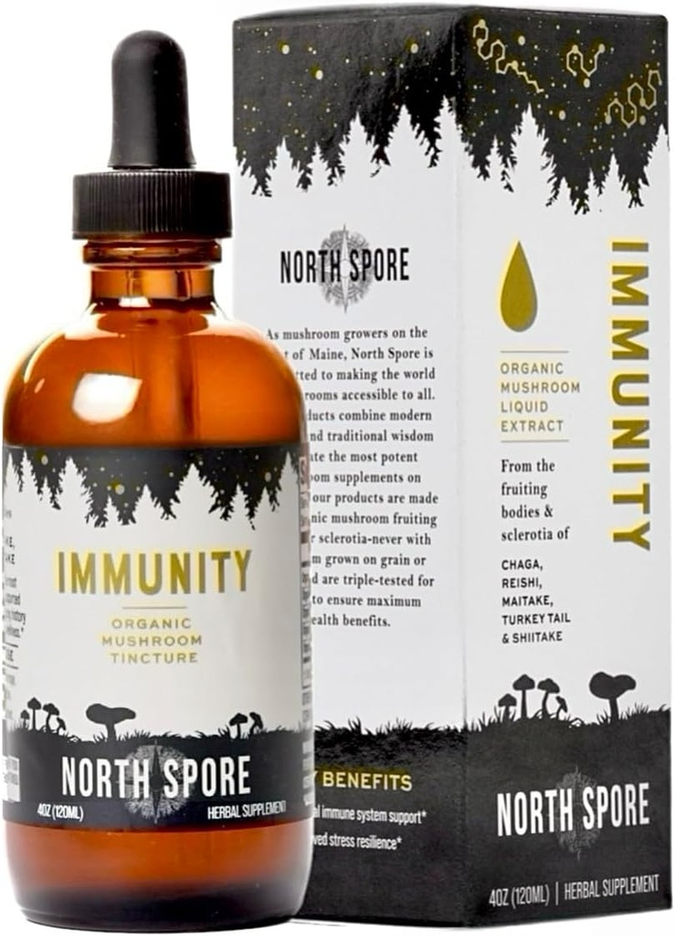 North Spore Organic Immunity Mushroom Tincture (4 oz) | 100% Fruiting Body Extracts | Chaga, Turkiet Tail, Reishi, Maitake, Shiitake | Certified Organic, Vegan, Non-GMO | Adaptogenic, Made in USA