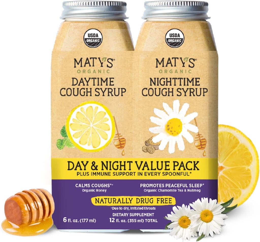 Matys Organic Adult Cough Sirup Day & Night Value Pack aikuisille & lapsille 12 vuotta + ylös, rauhoittava päivä ja yö Yöllä Relief w/Organic Honey & Sinkki, alkoholiton, 2 pakkaus, 6 Fl Oz