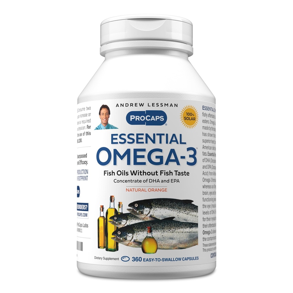 Andrew LESSMAN Essential Omega-3 Orange - 360 Softgels - Ultra-Pure, High Potency Omega-3 Oils. Korkea DHA, ei vatsavaivoja, ei tuholaisia, ei elohopeaa. Pieni Helppo niellä Softgels