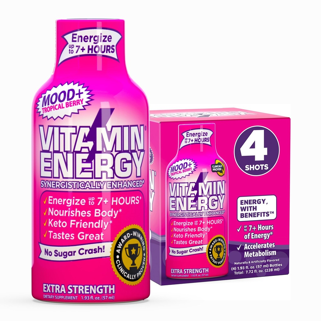 Energy Mood+ Extra Strength Energy Shot Tropical Berry 4 Pack, 260 mg luonnollinen kofeiini, B-vitamins, Rhodiola, kamomilla, Mieliala & energiatuki, nollasokeri, gluteeniton, vegan, 1,93 fl oz