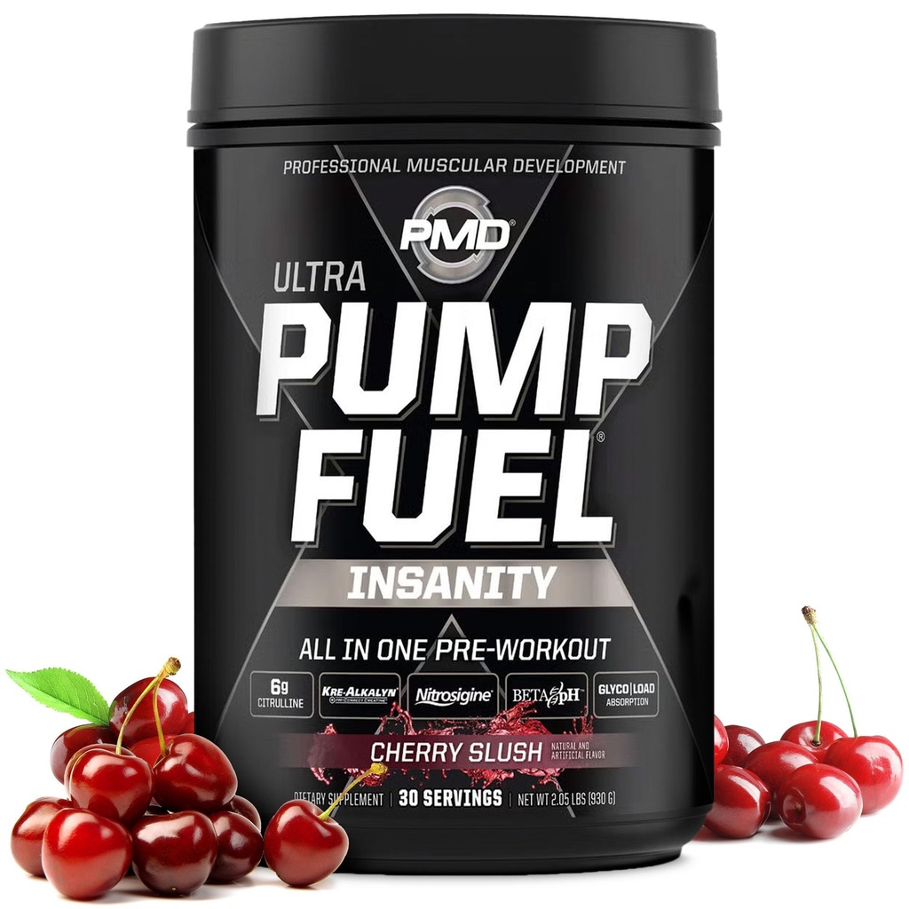 PMD Sports Pump Fuel Ultra Insanity - Premium Pre Treout Powder & Muscle Pump, Suurempi Focus, Endurance & Recovery, Premium Creatiini, Arginiini & Beta Alanine - Cherry Slush (30 Servings)