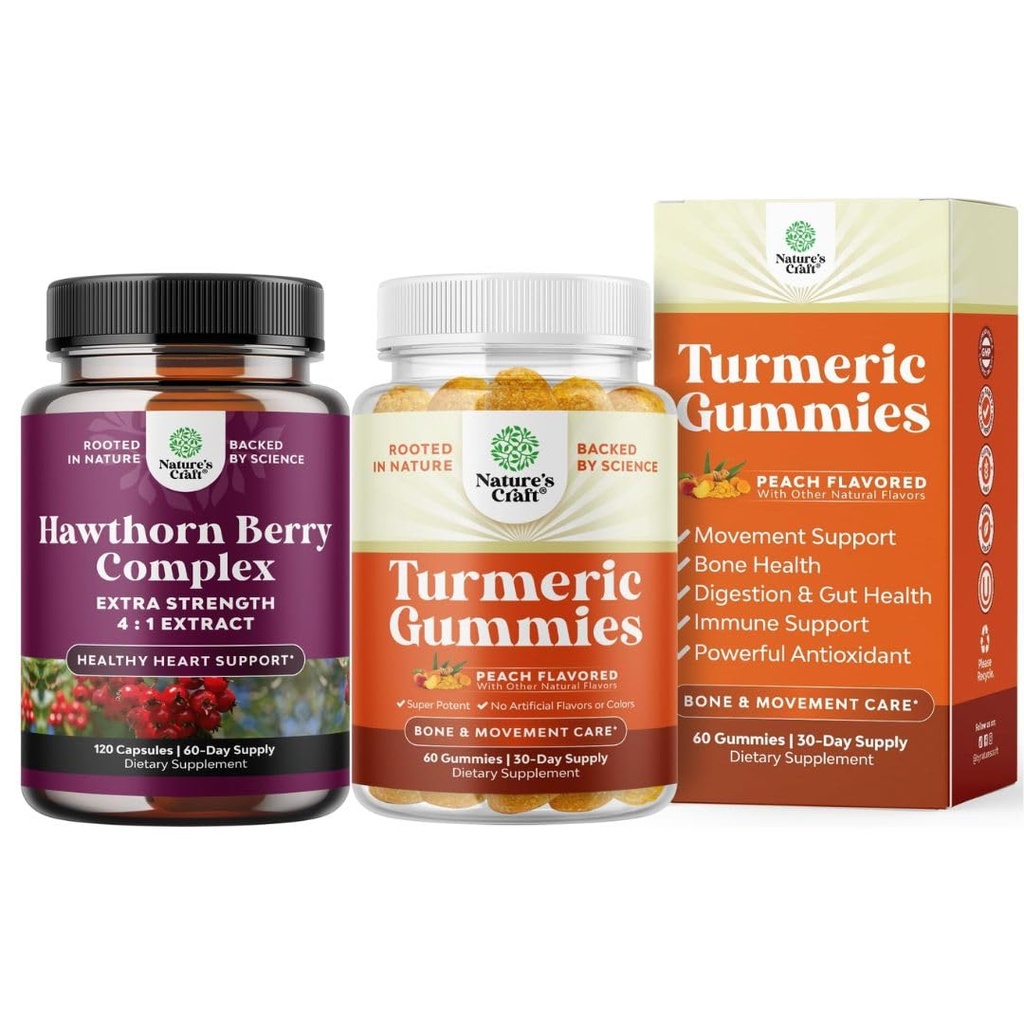 Bundle Extra Strength Hawthorn Berry Kapselit - Heart Health Supplement ja Turmeric Curcumin Immuuni Tuki Gummies - Immuuni Booster Turmeric Gummies yhteisen tuen ja kehittyneen ihonhoito