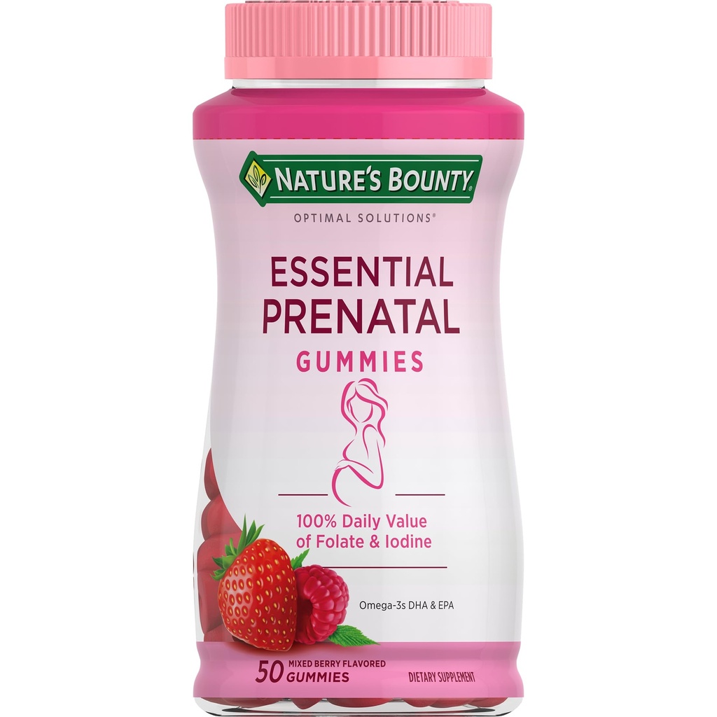 Naturens Bounty Optimal Solutions Essential Prenatal Gummies, Folic Acid och Iodine, Omega 3 och DHA, 50 Count, 25 Total Servings