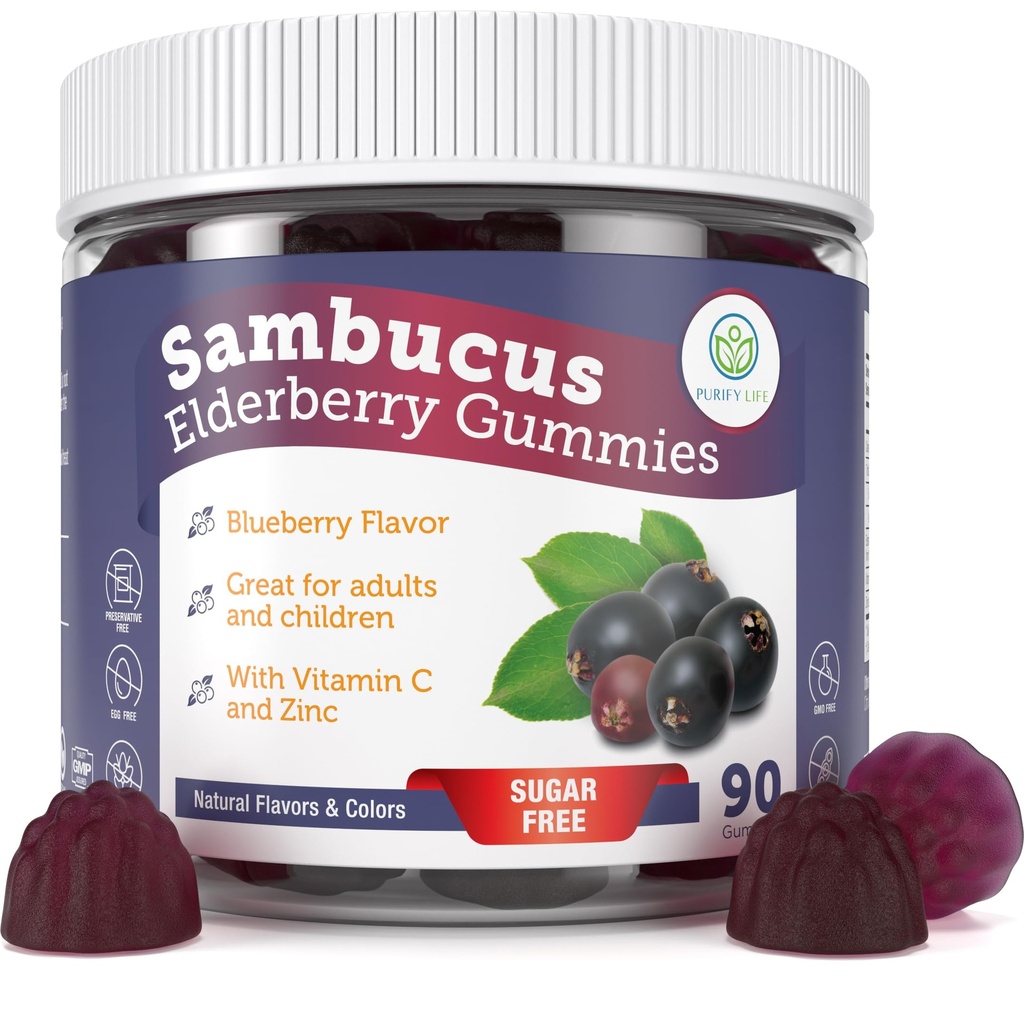Puhdista Life Sokerittomia vanilja Gummies C-vitamiinia & Sinkki aikuisille ja lapsille, Immuuni tuki täydentää hengitysteiden terveyttä, Sambucus Elderberry antioksidantti Gummies - Vegan, 90