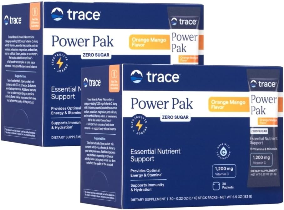 Trace Minerals Power Pak Multivitamiini ja Multimineral Packets - Elektrolyytti tuki - 1200 mg C-vitamiini plus 70+ Trace Minerals - Sokeriton - Orange Mango Flavor - 60 Packets