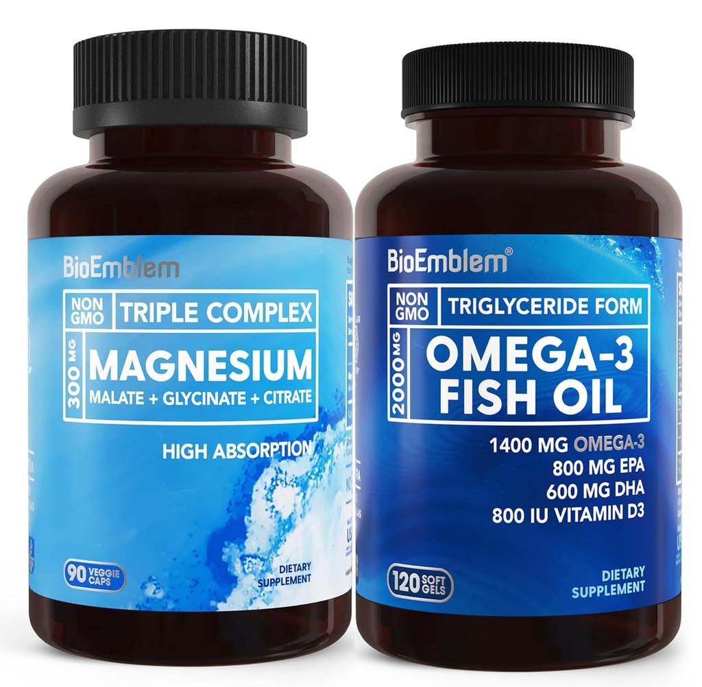 BioEmblem Triple Magnesium Complex ja BioEmblem Omega-3 Fish Oil 2000mg