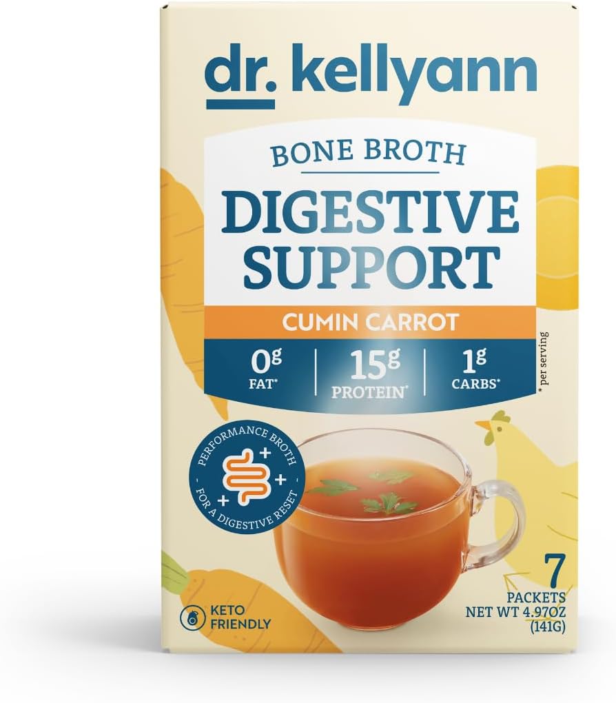 Dr. Kellyann Bone Broth + digestiivinen tuki Collagen Powder Packets (7 tarjoilua, 1 laatikko), 16g Protein/Serving, 100% Grass-Fed Hydrolyzed Collagen Powder, Keto & Paleo Friendly - Cumin Carrot