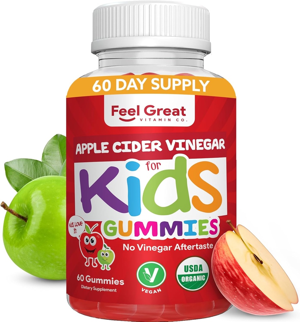 Organic Kids Apple Siideri Viinietikka Gummies by Feel Great Vitamiineja Rikas digestiivinen Entsyymit & Natural Antioksidantteja Gut Health 