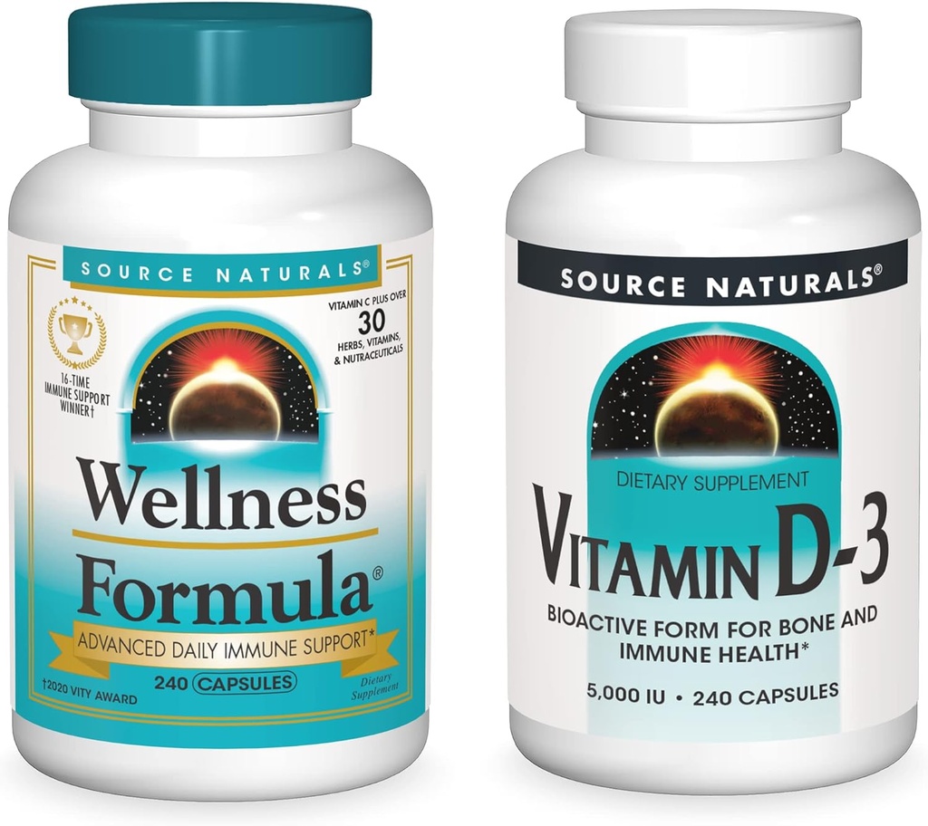 Lähde Naturals Wellness Formula ja 5000 iu D-3, 240 kapselia kussakin pullossa