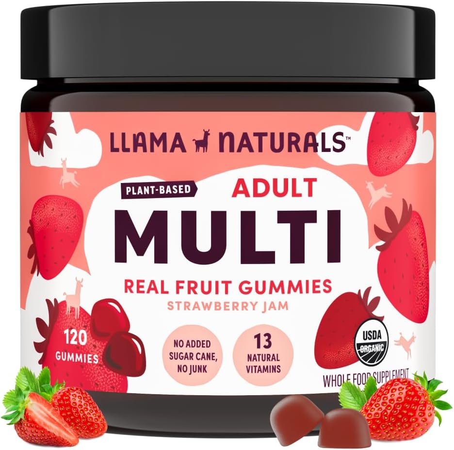 Llama Naturals Multivitamin för kvinnor och män, Vegan, organiska gummier med vitamin D, C & K, Vuxna Real Fruit Gummy Vitaminer, Chewable Multivitamin Supplement, No Added Sugar Cane, Strawberry, 120 Ct