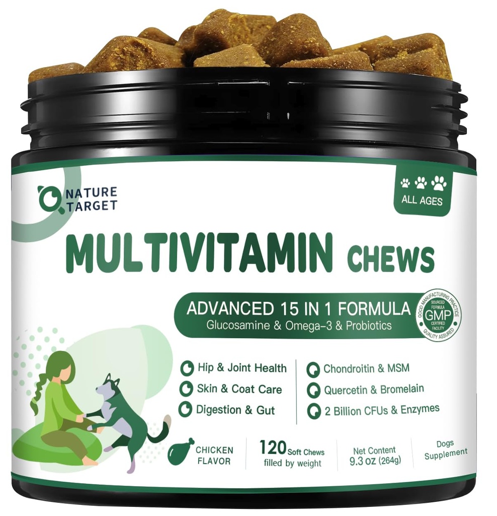 NATURAL TARGET Monivitamiini koirille - MSM & Glukosamiini, Omegas 3 & 6, Probiootit Dgestive Health, Joint Support, iho ja turkki, Immuunijärjestelmä & kokonaisterveys 120 pehmeää purukumia