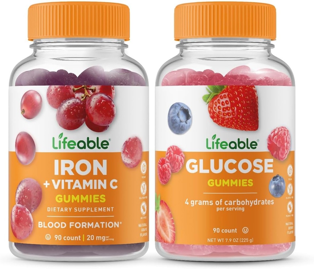 Elinkelpoinen rauta C-vitamiinin + glukoosin kanssa, Gummies Bundle - suuri maku, vitamiinilisä, gluteeniton, GMO-vapaa, purukumi