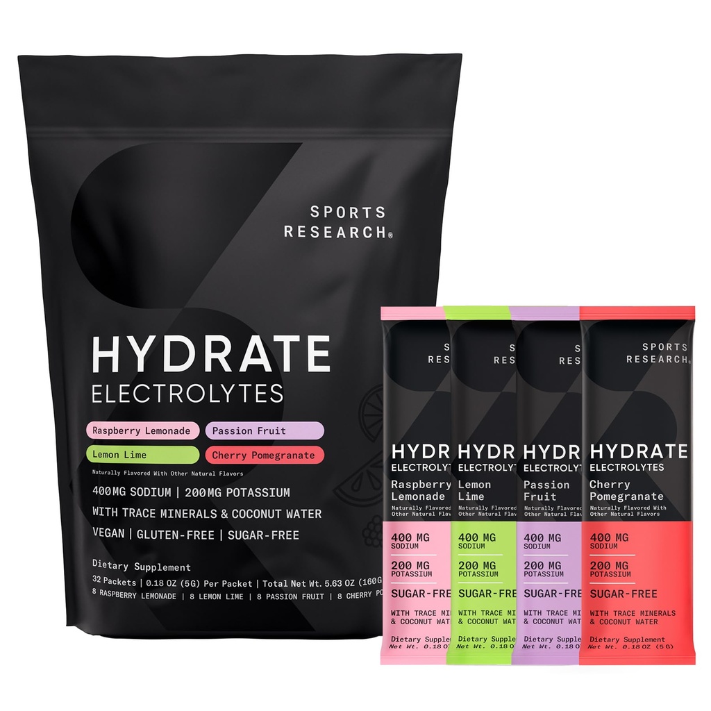 Sports Research® Hydrate Electrolytes Powder Packets - Sugar-Free & Naturligt smaksatt med vitaminer, mineraler och kokosvatten - Stöder Hydration - 32 Packets - Variety Pack