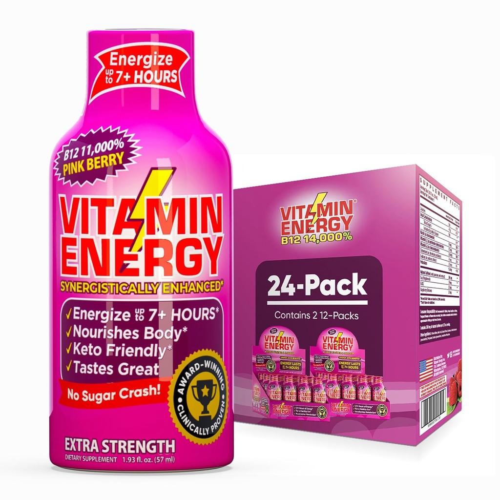 B12 11 000% Extra Strength Energy Shot Pink Berry 24 Pack, 260 mg Natural Comfeine, B12 & B6, Nootropic Focus, Vitality, Zero Sugar, Gluteeniton, Vegaani, Kosher, 1,93 fl oz