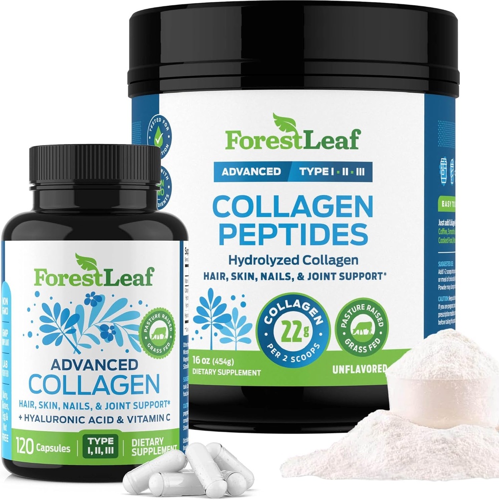 ForestLeaf Collagen lisäravinteet Bundle - 2-in-1 Hydrolysed Collagen Peptides Powder ja Collagen Pills - Grass Fed Nauta Kollagen naisten ja Collagen miesten