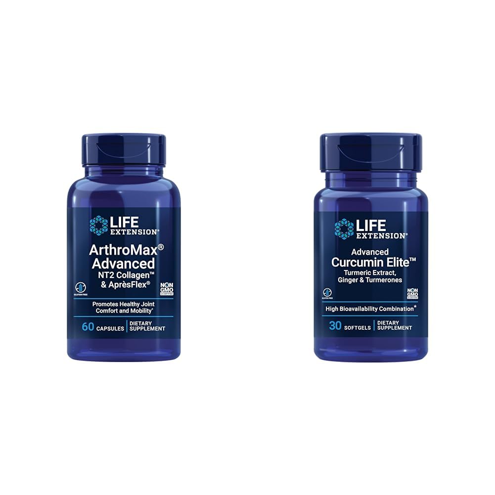 Life Extension Nivel Max Advanced Joint Health Supplement with Collagen, Glukosamiini & Curcumin Elite Turmeric, 60 kapselia & 30 Softgels