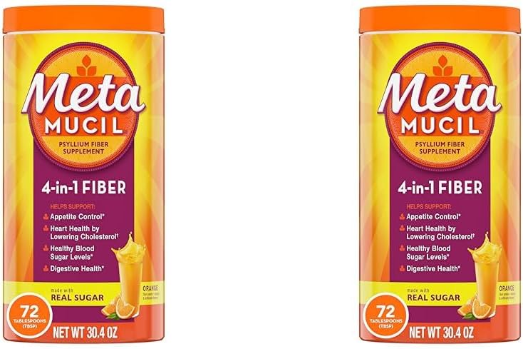 Metamucil Fiber, 4-in-1 Psyllium Fiber Supplement Powder with Real Sugar, Orange Smooth Flavored Drink, 72 Servings (Pakkaus May Vary), Coarse Texture, 1,9 punta (paketti 2)