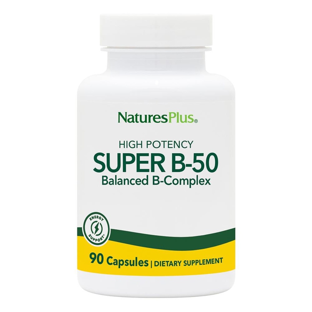Natures Plus Super B50-90 Vegetariska kapslar - High Potency B Complex Vitamin Supplement - Brain & Energy Booster - Glutenfri - 90 portioner