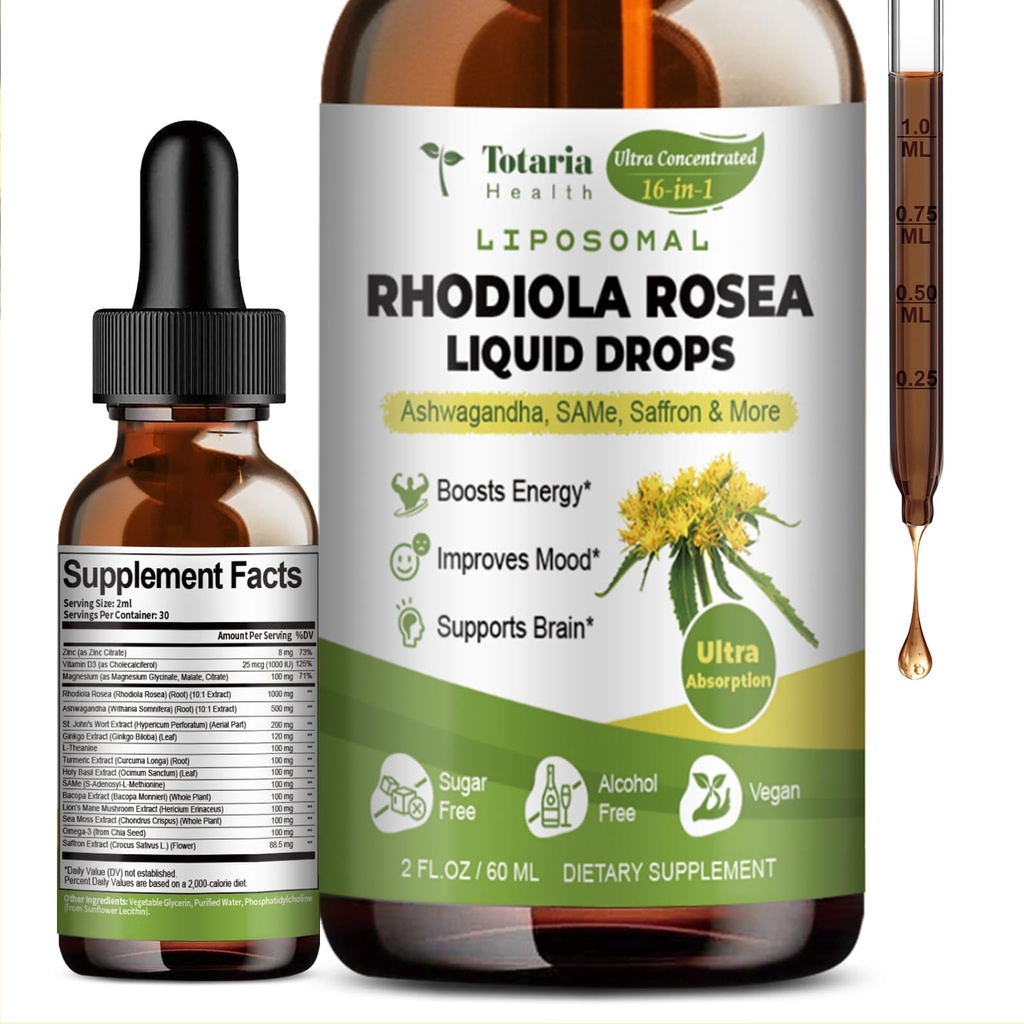 Totaria 16-in-1 Liposomal Rhodiola Rosea Tincture, Ultra Strength Rhodiola Supplement w/Ashwagandha, Saffron, Magnesium, SAM-e, Rhodiola Rosea Extract Liquid Drops Natural Rentoutumista, Mieliala, energia