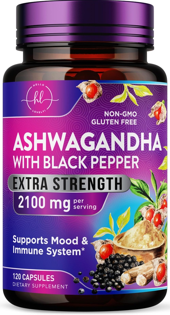 Ashwagandha 2,100 mg - Ashwagandha-lisät naisille kasviskapseleissa, joissa on jauhe- ja juuriuutetta, mustapippuria korkeaa imeytymistä varten, kasvispohjaisia, ei-muuntogeenisiä organismeja, pullotettuja Yhdysvalloissa - 120 kasviskapselia