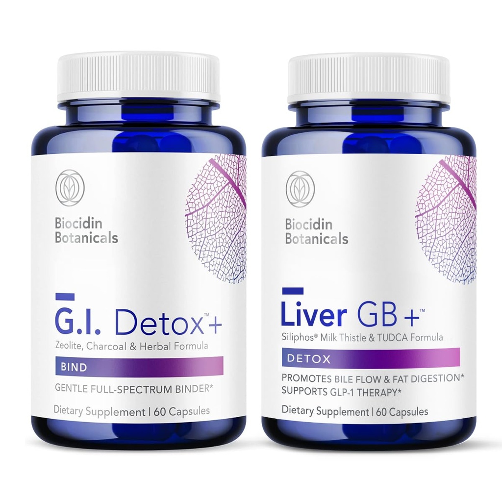 Biocidin G.I. Detox+ Gentle Binder & Liver GB+ Sappirakko Maksan tuki - Help Optimoi toksiinin poisto & Fat Digestion - Aktivoitu Charcoal, Zeoliitti, TUDCA & Bitter Yrtit (2 tuotetta)